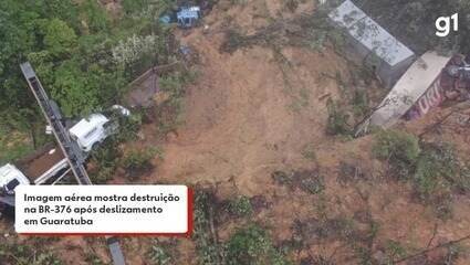 Imagem aérea mostra destruição na BR-376 após deslizamento em Guaratuba